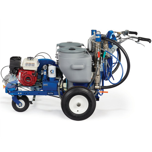 Rear-side view of a blue Graco 17Y231 LineLazer V 200DC Standard airless striper, showcasing the dual-tank system for yellow and white paint, the Honda GX engine, and the manual gun controls for multi-color pavement marking.