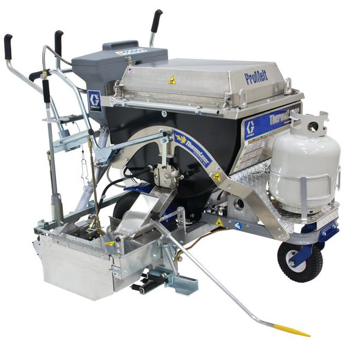 A blue Graco ThermoLazer ProMelt System (Part 24R770) featuring the QuadMelt on-board melting system, a 300 lb kettle, and a specialized 4-3-4 inch triple-line SmartDie II