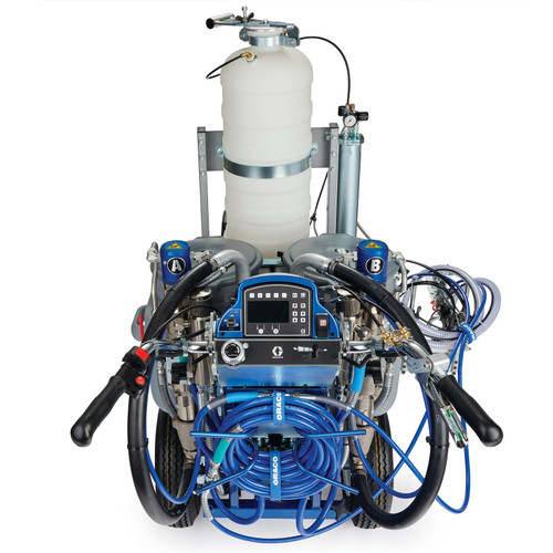 Rear operator view of a blue Graco 17Y270 LineLazer V 200DC HP Reflective airless striper, showing the SmartControl LiveLook display, dual-color pressure gauges, and the pressurized EZ Bead system controls for professional reflective marking.