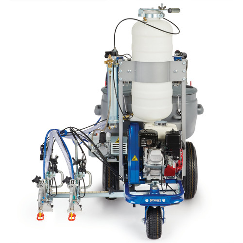 Rear-angle view of a blue Graco 17Y270 LineLazer V 200DC HP Reflective airless striper, showing the dual 10-gallon paint hoppers, the pressurized bead tank, and the operator control station for high-production two-color reflective marking.