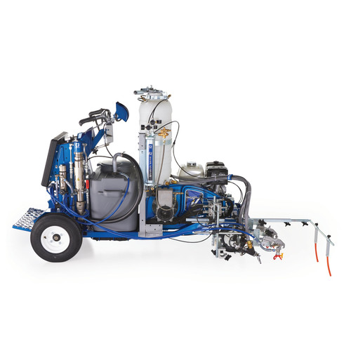 Side profile of a blue Graco 17H469 LineLazer V 250SPS HP Reflective self-propelled striper, showing the 25-gallon paint hopper, dual 120 lb pressurized bead tanks, and the Honda GX engine for high-capacity professional road marking.