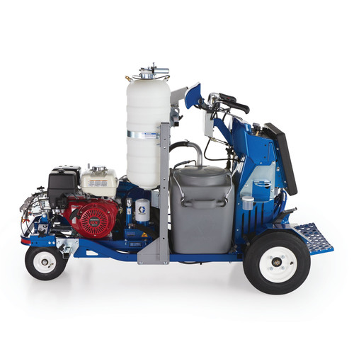 Rear view of a blue Graco 25D345 LineLazer V 250SPS HP Reflective self-propelled striper, showing the standing operator platform, Remote Mount Control Box, and the LazerGuide 3000 interface for high-precision road marking.