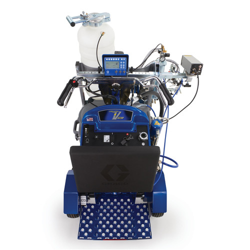 Front view of a blue Graco 25D345 LineLazer V 250SPS HP Reflective self-propelled striper, showing the LazerGuide 3000 laser system, dual automatic spray guns with bead nozzles, and the self-centering front wheel for high-precision road marking.