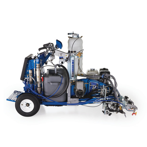 Side profile of a blue Graco 25D345 LineLazer V 250SPS HP Reflective self-propelled striper, showing the 25-gallon paint hopper, pressurized bead tank, and the LazerGuide 3000 system for precision long-line road marking.
