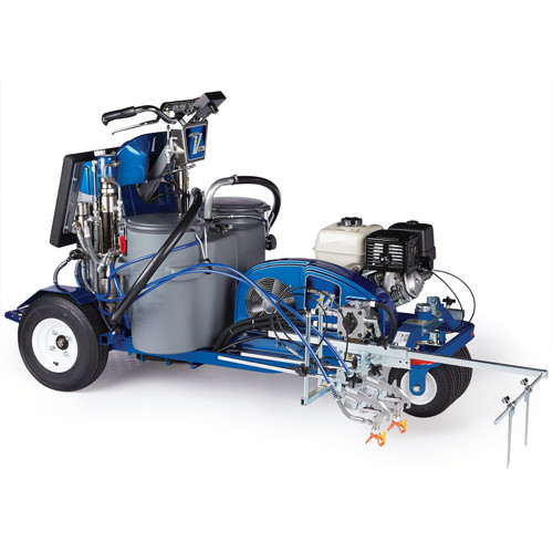 A blue Graco 17H471 LineLazer V 250DC HP Automatic Series self-propelled dual-color striper featuring dual 15-gallon paint hoppers, two automatic spray guns, and a Honda GX engine for high-production airport and municipal road marking.