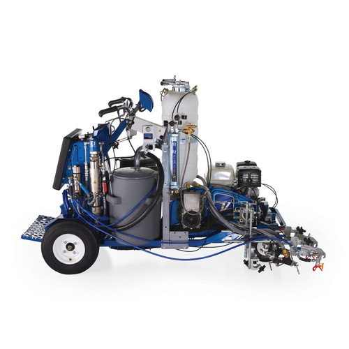 Side profile of a blue Graco 25D343 LineLazer V 250DC HP Reflective self-propelled striper, showing the dual 15-gallon paint hoppers, dual 120 lb pressurized bead tanks, and the LazerGuide 3000 system for high-capacity dual-color road marking.