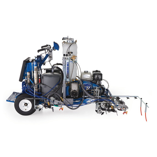 Side profile of a blue Graco 17H474 LineLazer V 250DC HP Reflective self-propelled dual-color striper, showing the dual 15-gallon paint hoppers, dual 120 lb pressurized bead tanks, and the 3-gun automatic spray system for high-capacity road marking.