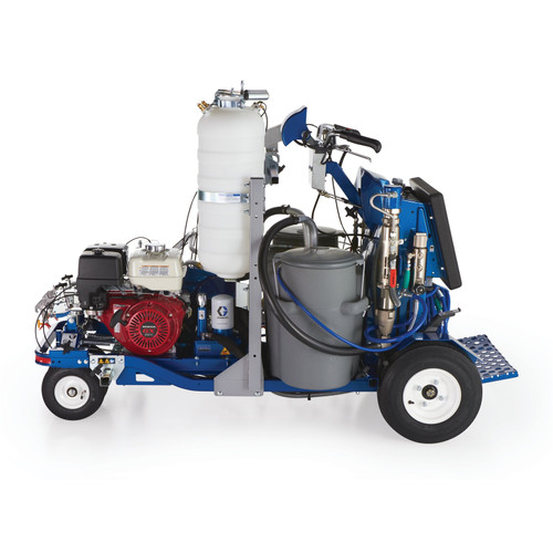 Rear view of the LineLazer V 250DC HP Reflective, highlighting the standing operator platform and the Remote Mount Control Box for at-a-glance striping information and skip-line programming