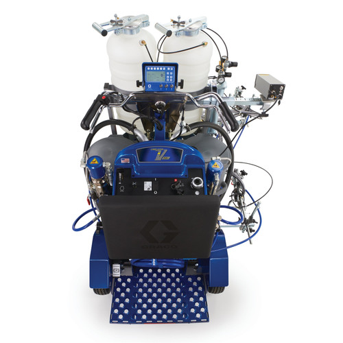 Overhead view of the Graco 25D344 operator station, showing handlebar steering, the LazerGuide 3000 interface, and controls for the Dual Endurance Chromex Pumps