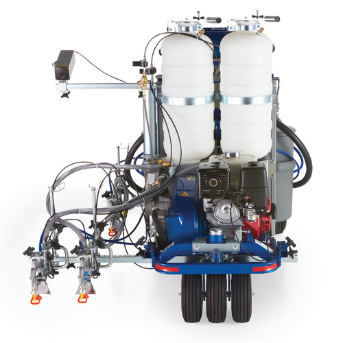 Front action view of the Graco 25D344 showing the LazerGuide 3000 Long-Line Lazer and the Automatic Paint Gun System with three guns and bead nozzles.