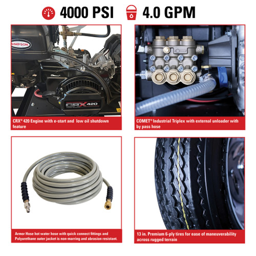 Simpson Professional 4000 PSI 4.0 GPM (Gas - Hot Water) Direct Drive Pressure Washer Trailer with CRX 420cc Engine and Comet Triplex Pump
