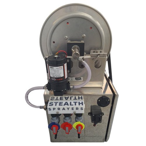 Side profile of the Stealth Spartan Professional Soft Wash System showing the precision metering valves for bleach, water, and surfactant, and the heavy-duty wiring for the Remco 5.3 GPM pump.
