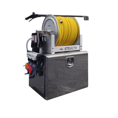 Front view of the Stealth Spartan 12V Soft Wash System featuring a Remco 5.3 GPM 100 PSI pump, a 3-valve chemical proportioner, and an aluminum hose reel with stainless steel manifold.