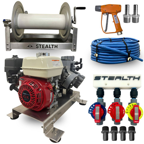 Professional Stealth P40 Soft Wash Skid package featuring a Honda GX200 gas-powered pump assembly on an aluminum frame. The bundle includes an 18-inch aluminum hose reel, 200 feet of blue 5/8-inch soft wash hose, a WaterBoss 750 spray gun, and a Stealth 1-inch proportioner system with three-way metering valves for water, soap, and bleach mixing. Stainless steel and poly hose barb adapters are displayed alongside the core equipment on a clean white background.
