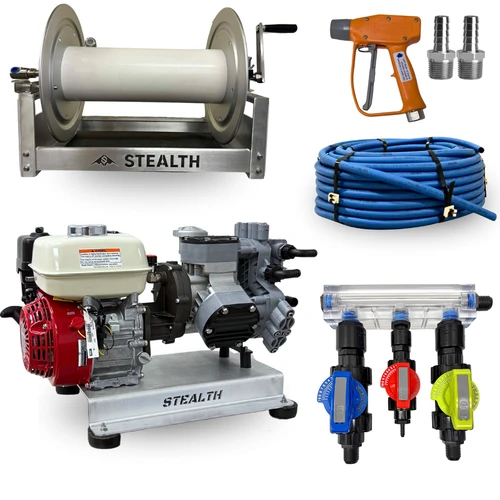 Product bundle overview of the Stealth 11 GPM Soft Wash Business Pack, displaying the Honda GX200 Comet P40 skid system, 18-inch aluminum hose reel, 200 feet of blue soft wash hose, SP-1 proportioner manifold, and WaterBoss spray gun