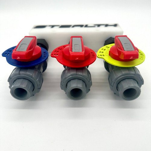 Top-down view of the Stealth 1/2" Soft Wash Proportioner showing the bleach, water, and surfactant inlets equipped with chemical-resistant Viton seals and True Union connections.