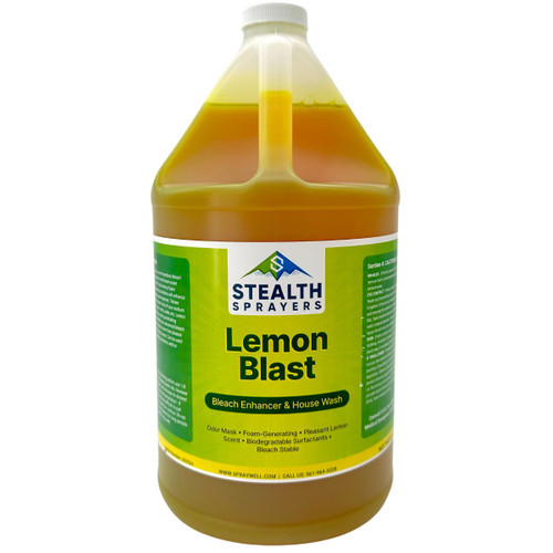 Front view of a 1-gallon jug of Stealth Lemon Blast, a concentrated lemon-scented soft wash surfactant designed to increase cling time and enhance bleach performance for roof and house washing.