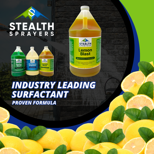 A digital flyer for Stealth Lemon Blast Surfactant highlighting key benefits: superior foam generation, pleasant lemon scent to mask bleach odor, and a biodegradable, bleach-stable formula.