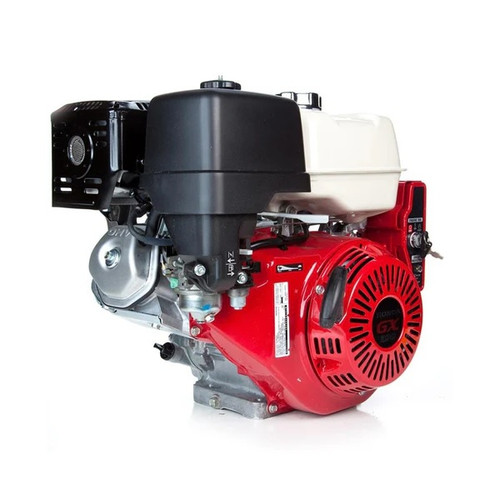A high-quality front-side view of the Honda GX390 engine. It features the iconic red fan cover with "GX390" branding, the black dual-element air cleaner on top, and the integrated fuel tank. This angle highlights the compact 4-stroke OHV design and the heavy-duty recoil starter handle.
