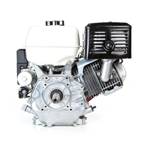 A direct profile view focusing on the 1-inch keyed horizontal crankshaft. This image clearly shows the mounting flange with the universal bolt pattern, which is essential for contractors checking compatibility with pressure washer pumps or generators.