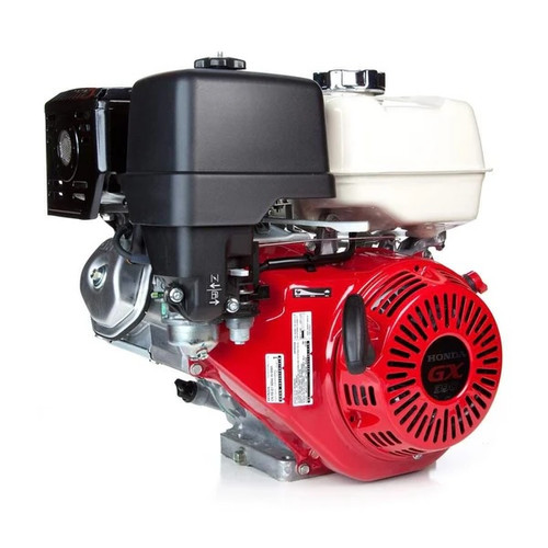 Front angle of the Honda GX390 QA2 389cc Engine with recoil pull start and red fan cover. Popularly known for its use in pressure washing and professional cleaning industries.