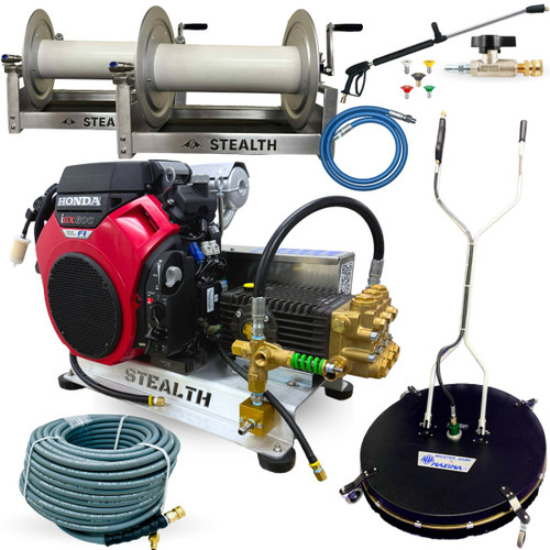 A professional-grade Stealth 10.2 GPM Pressure Washer Business Pack featuring a Honda iGX800 belt-drive skid, a 36-inch Whisper Wash Maxima surface cleaner, and dual 18-inch aluminum hose reels. The kit includes 200 feet of gray non-marking hose, a KobraJet blue jumper line, a dual-lance spray gun, a DN10 ball valve, and a size 10.0 nozzle kit, all arranged on a clean white background.