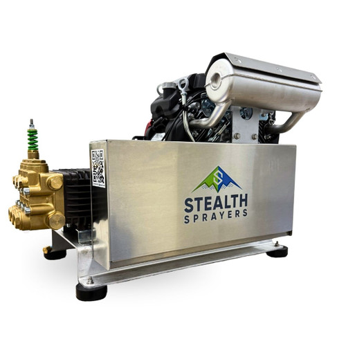 Side profile view of the Stealth Operator Series 8 GPM 4000 PSI pressure washer skid, highlighting the protective aluminum belt guard shroud with the printed Stealth Sprayers mountain logo and a side-mounted brass General Pump