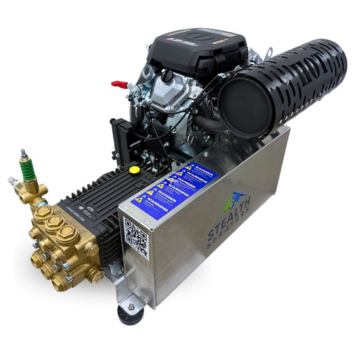 Three-quarter front view of the Stealth Operator Series 8 GPM 4000 PSI pressure washer skid, focusing on the heavy-duty aluminum belt box enclosure with safety decals and the brass General Pump TSF2021 manifold
