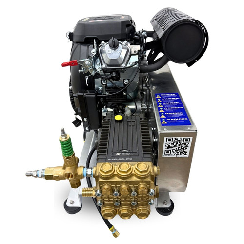 Direct front view of the right side of the Stealth Operator Series 8 GPM 4000 PSI pressure washer skid, detailing the black canister air filter housing, the stamped OHV engine valve cover, and the warning decals on the aluminum belt box enclosure