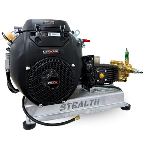 Direct side view of the Stealth Operator Series 8 GPM 4000 PSI pressure washer skid, focusing on the brass General Pump TSF2021 triplex pump manifold and external unloader plumbing next to the CRX 680 engine