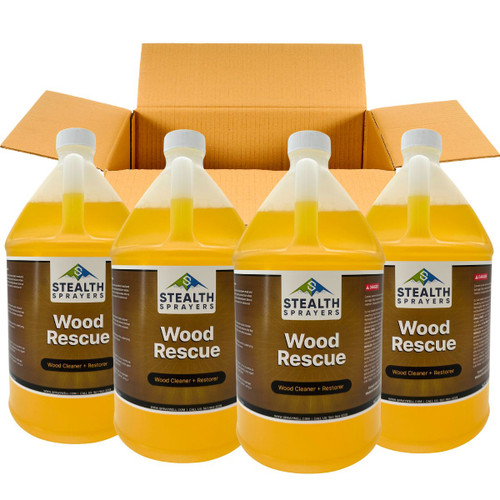 A cardboard shipping case containing four 1-gallon jugs of Stealth Wood Rescue, showing the professional branding for a metasilicate-based wood cleaner and restorer.