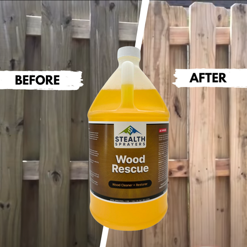 Front view of a single 1-gallon jug of Stealth Wood Rescue concentrate, highlighting the "No Bleach, No Damage" formula used for cleaning decks, fences, and siding.