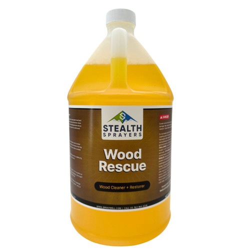 Front view of a 1-gallon jug of Stealth Wood Rescue, a professional-grade metasilicate wood cleaner and restorer for decks, fences, and siding.