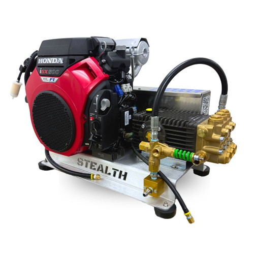 Main view of the Stealth 10.2 GPM 3500 PSI pressure washer skid featuring a Honda iGX800 engine, General Pump TSF2221, and an aluminum base frame for truck or trailer mounting