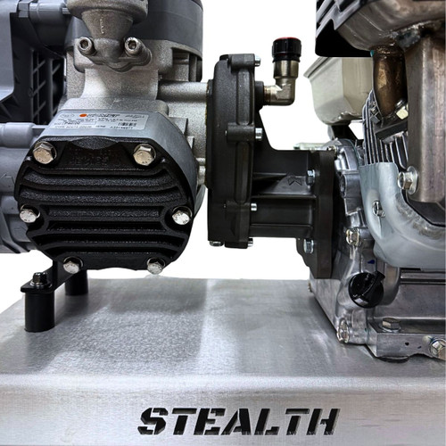Front-end view of the Stealth Soft Flow Series P40 soft wash skid, highlighting the gray gear-driven Comet P40 semi-hydraulic 3-diaphragm pump mounted on an aluminum frame