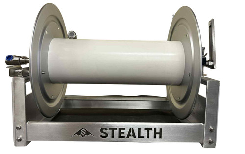 Front view of the Stealth 18" Aluminum Full Frame Hose Reel featuring a corrosion-resistant brushed aluminum frame and a 1/2" stainless steel manifold for professional soft wash systems.