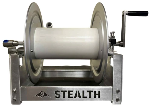 Front view of the Stealth 12" Aluminum Full Frame Hose Reel featuring a corrosion-resistant brushed aluminum frame and a high-flow 3/4" stainless steel manifold and swivel.