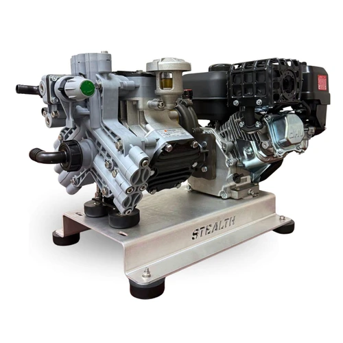 Direct front view of the Stealth P40 soft wash skid, showing the Comet 11 GPM 3-diaphragm pump, top pressure regulator valve, CRX 210 engine, and aluminum skid base.