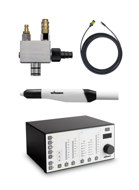 Product view of the Wagner Powderset Sprint 2 APS 10m (2467120) including the WACON Sprint 2 X control unit and 10-meter cable set for automatic powder coating applications.