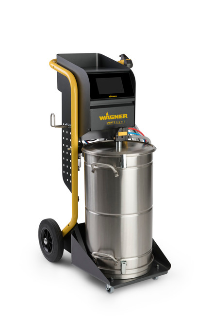 Rear operator view of the Wagner Sprint 2 Expert H featuring the WAGNER wizard interface and the integrated powder scale used for digital process documentation and consumption tracking
