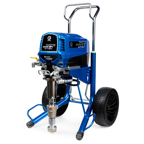 Front profile of the Graco Mark HP XT Standard Electric Airless Sprayer, showing the Hi-Boy cart design and the high-pressure pump capable of 6750 PSI.