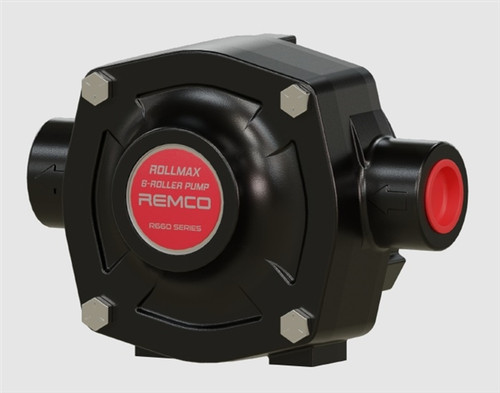 Front angle view of a black heavy-duty Remco RollMax R660C cast iron 6-roller pump featuring a red circular product label and side ports capped with a red protective plug