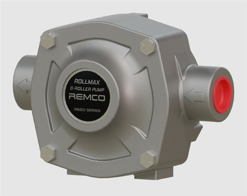 Front angle view of a silver heavy-duty Remco RollMax R660SS stainless steel 6-roller pump featuring a black circular product label and side ports capped with a red protective plug