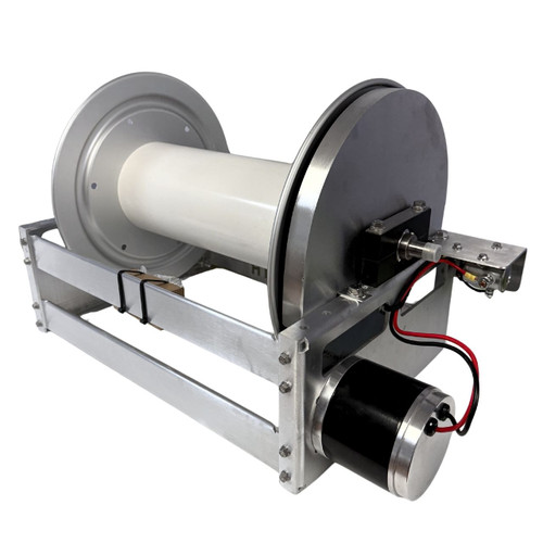 Direct rear view of the Stealth Electric 18-inch aluminum full-frame hose reel, focusing on the back of the 12V rewind motor, red and black electrical wire connections, and the aluminum structural frame support bars