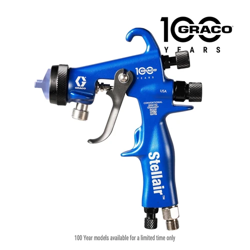 Profile view of the blue Graco Stellair 100-Year Centennial limited edition conventional manual pressure-feed air spray gun, featuring a 1.8 mm (0.070 in) PEEK needle tip for general industry applications.