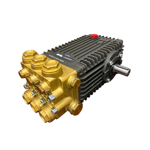 Three-quarter perspective view of the Stealth Legion Series STP8040 8.5 GPM 3600 PSI triplex pressure washer pump, showing the solid keyway shaft, black anodized aluminum crankcase with red oil fill cap, and heavy-duty forged brass manifold head.