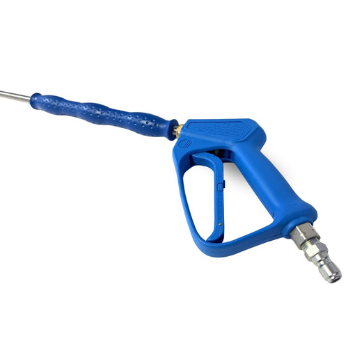 Detailed profile view of the Suttner ST-2305 blue easy-pull spray gun, highlighting the impact-resistant plastic handle, physical trigger design, and the bottom 3/8-inch FPT  inlet connection