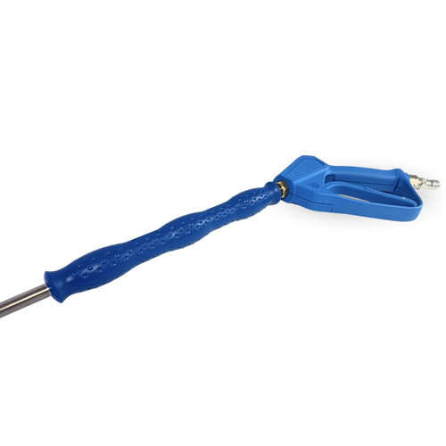 Detailed close-up view of the blue ST-29 molded plastic insulation grip on the Suttner stainless steel lance, highlighting the ergonomic finger grooves and heat-resistant hand guard