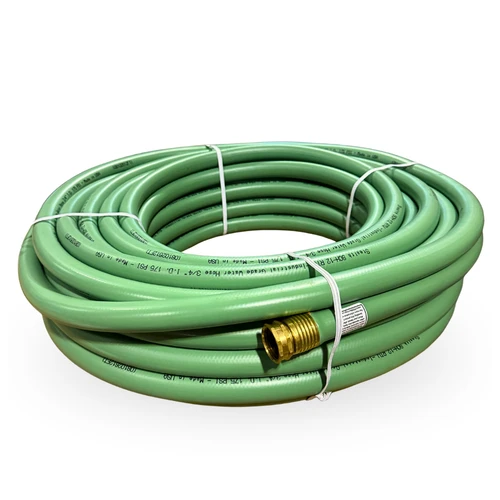Overhead studio view of the 100-foot Stealth 3/4-inch ID industrial-grade commercial garden hose coiled in olive green, featuring heavy-duty brass garden hose fittings and white shipping bands