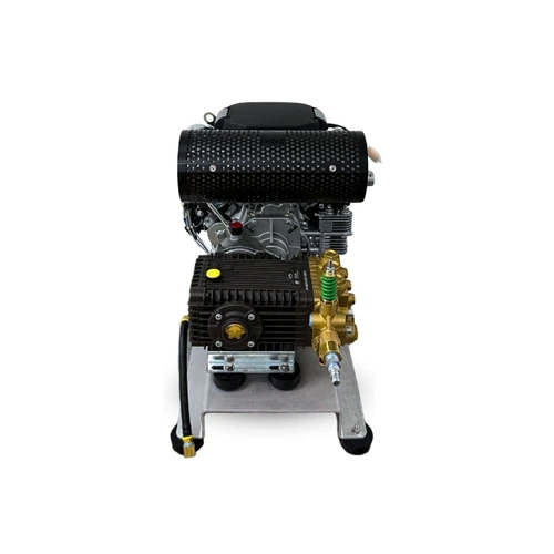 Direct front view of the Stealth Operator Series 8 GPM gear drive pressure washer, highlighting the General Pump TSF2021 triplex pump, green-spring YU21405 unloader valve, exhaust muffler, and aluminum skid base